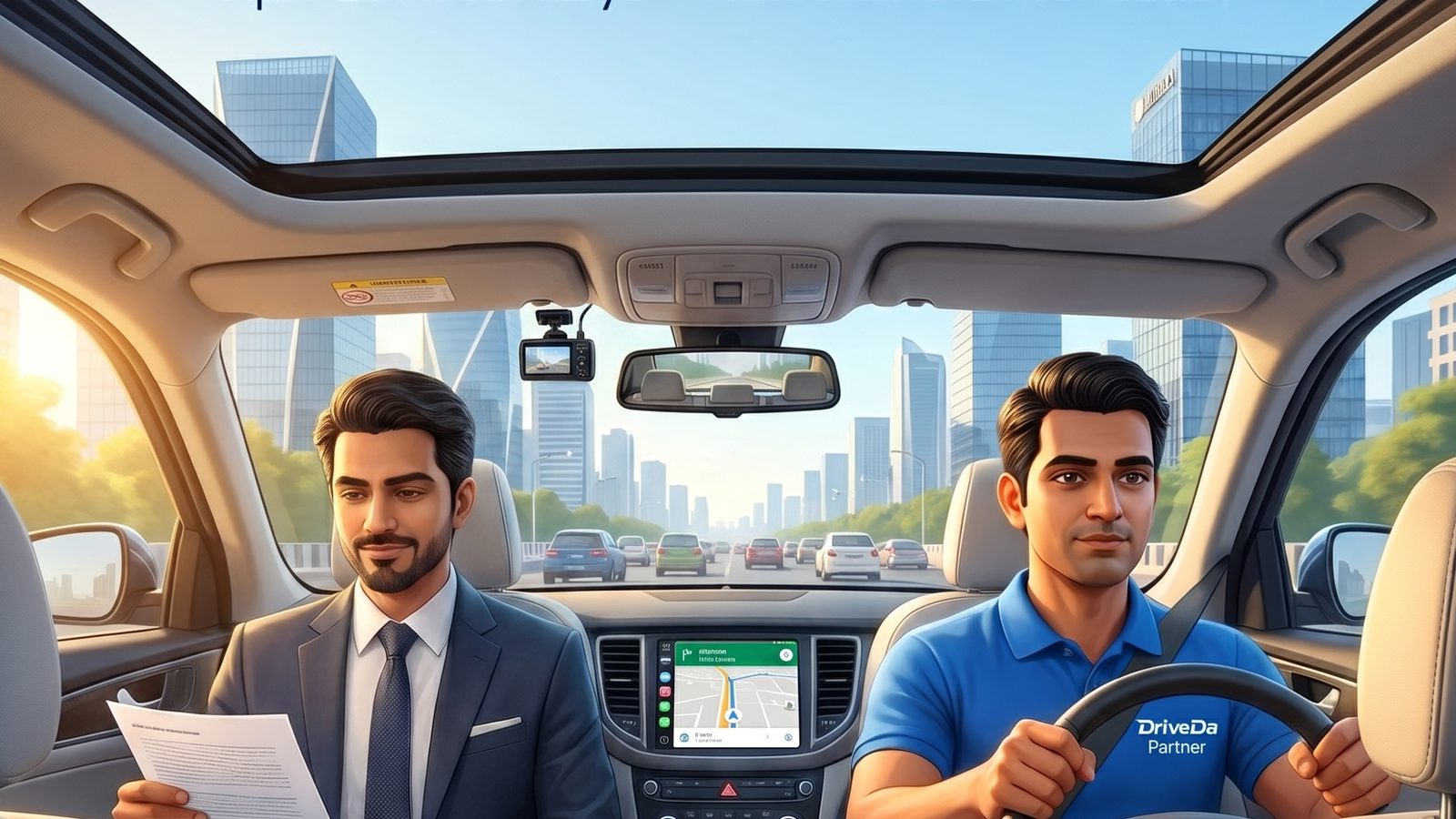 Executive working on a laptop in the back seat while a DriveDa driver drives