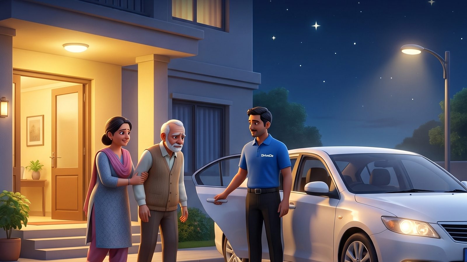 DriveDa driver helping an elderly man into a car at night for a hospital trip
