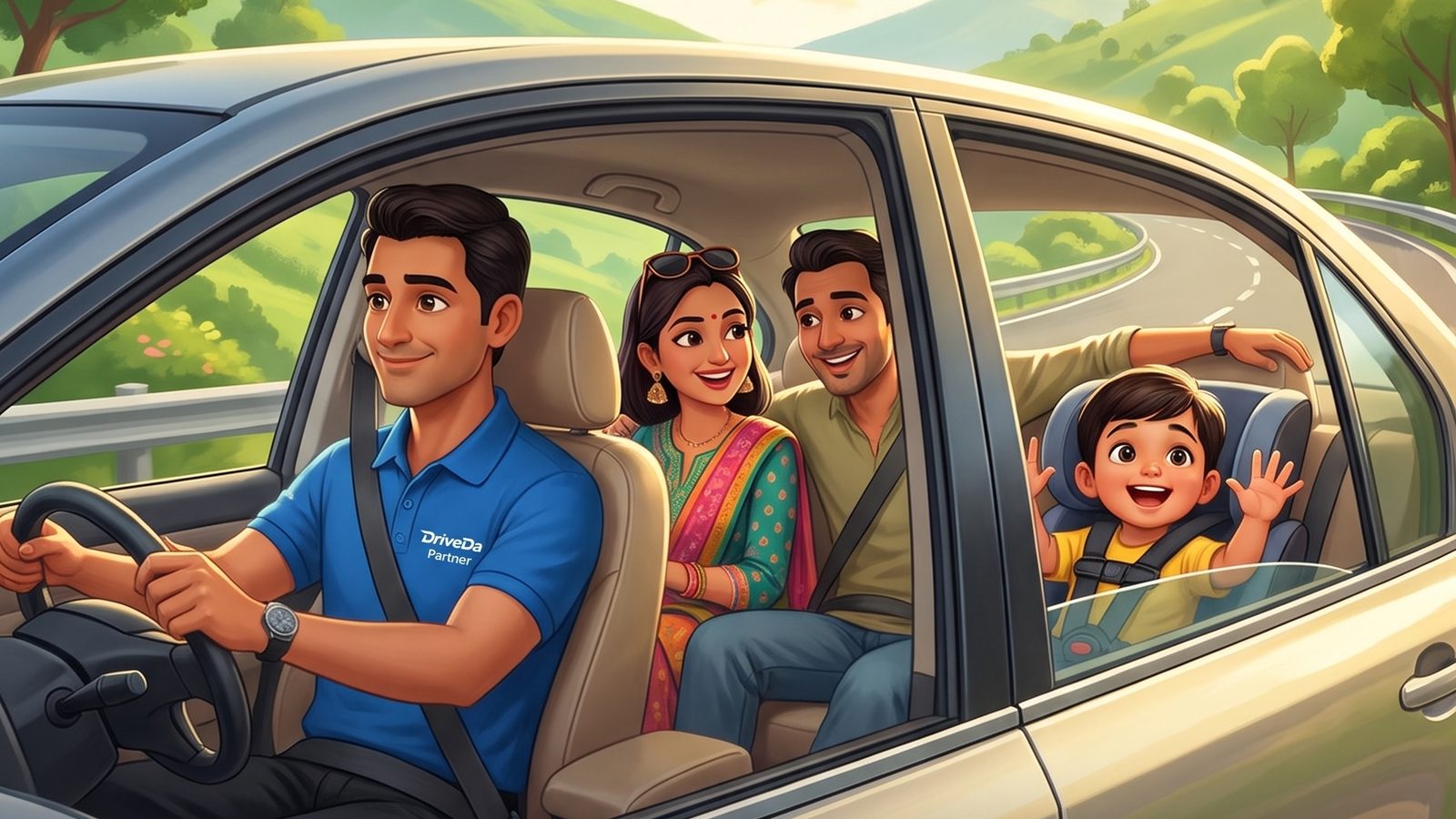 Family enjoying a day trip while a DriveDa driver drives their car