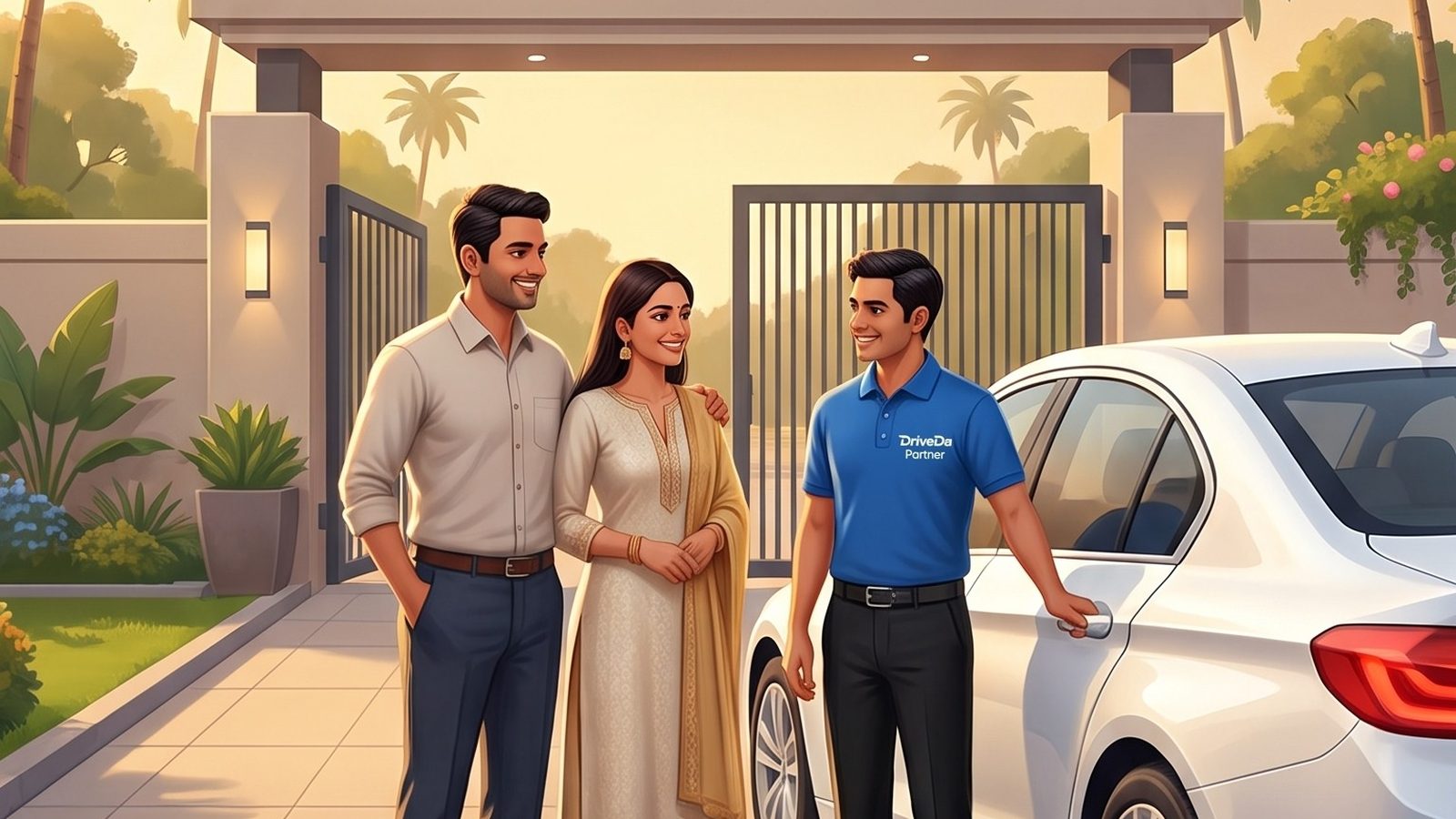 Family with their dedicated monthly DriveDa driver outside their home