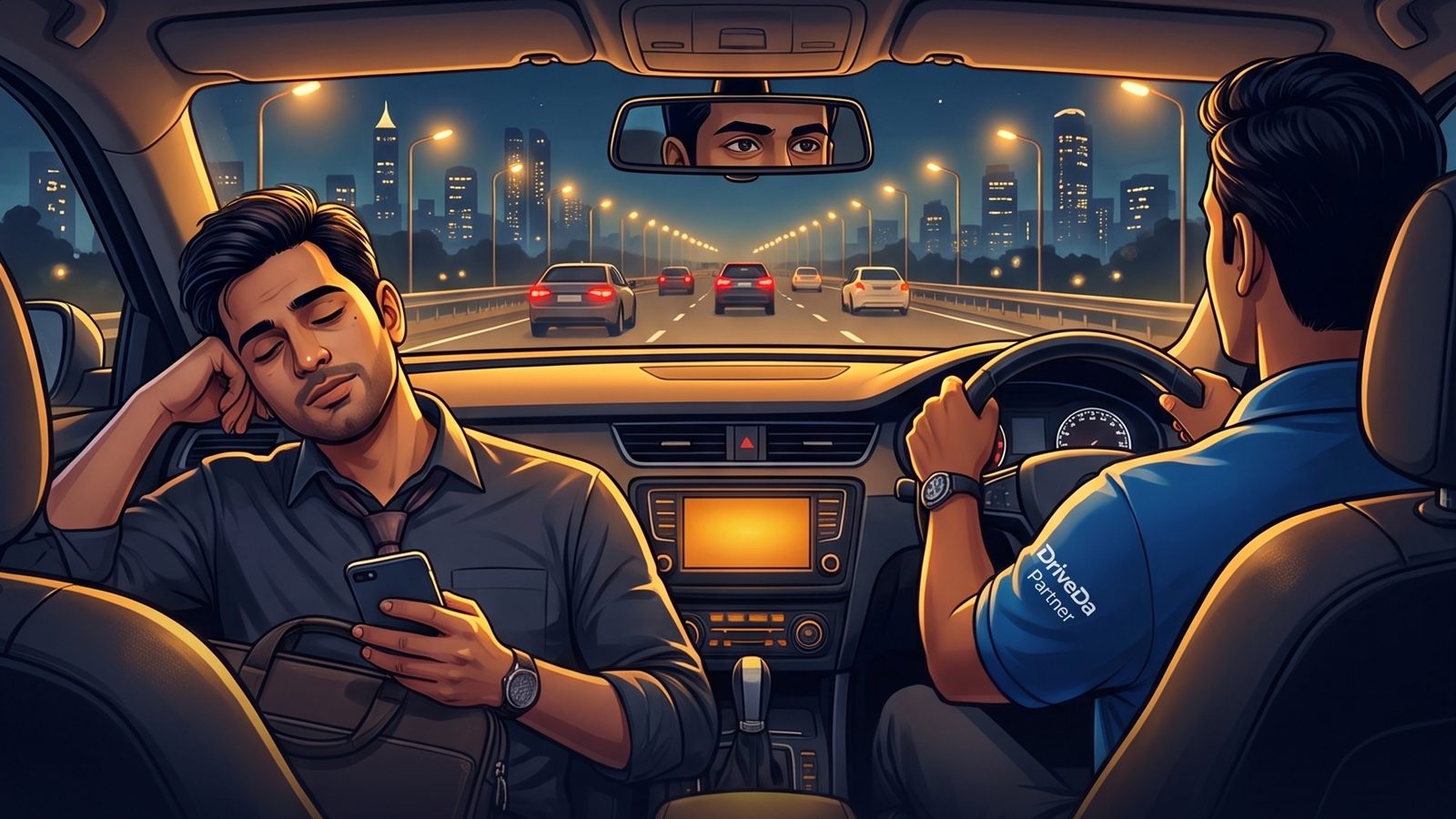 Exhausted professional resting in the back while a DriveDa driver drives home at night